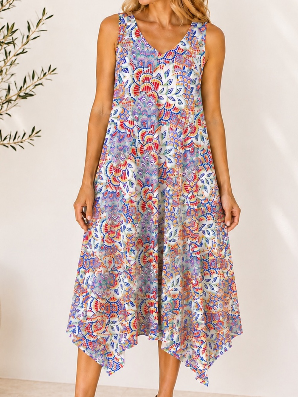 Ronni Nicole XL Paisley Handkerchief Hem Midi Dress V-Neck Stretch Resortwear